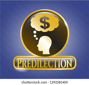  Gold shiny badge with thinking in money icon and Predilection text inside