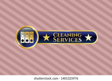  Gold shiny badge with three folders icon and Cleaning Services text inside