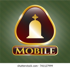  Gold shiny badge with tombstone icon and Mobile text inside