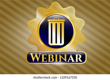   Gold shiny badge with trash can icon and Webinar text inside