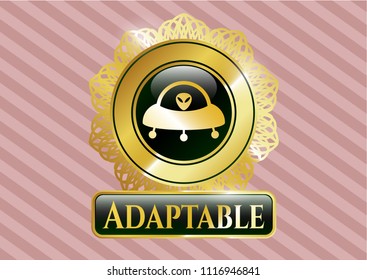  Gold shiny badge with ufo with aline inside icon and Adaptable text inside