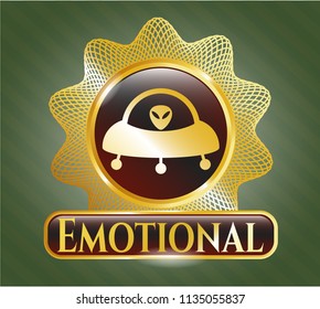  Gold shiny badge with ufo with aline inside icon and Emotional text inside