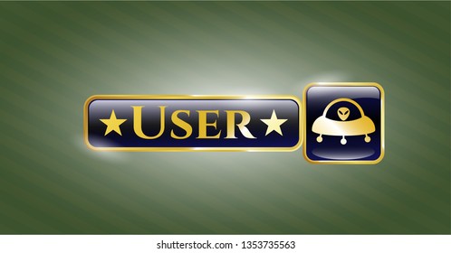  Gold shiny badge with ufo with aline inside icon and User text inside