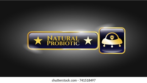  Gold shiny badge with ufo with aline inside icon and Natural Probiotic text inside