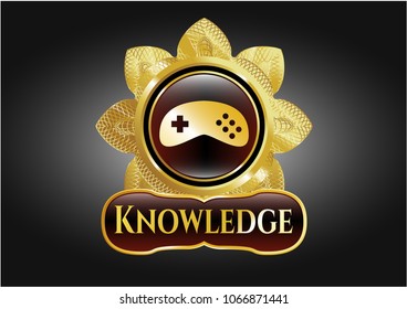   Gold shiny badge with video game icon and Knowledge text inside