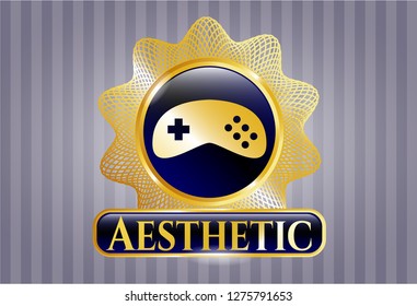  Gold shiny badge with video game icon and Aesthetic text inside