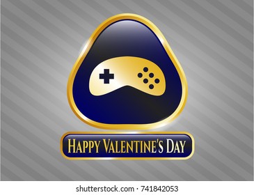  Gold shiny badge with video game icon and Happy Valentine's Day text inside