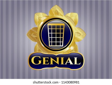  Gold shiny badge with wastepaper basket icon and Genial text inside