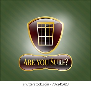  Gold shiny badge with wastepaper basket icon and Are you Sure? text inside