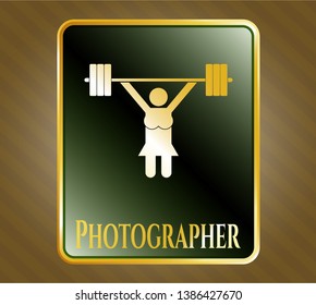  Gold shiny badge with weightlifter girl icon and Photographer text inside