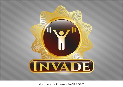 Gold shiny badge with Weightlifting icon and Invade text inside