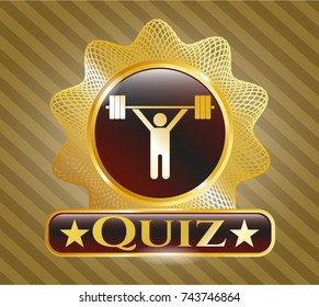  Gold shiny badge with weightlifting icon and Quiz text inside