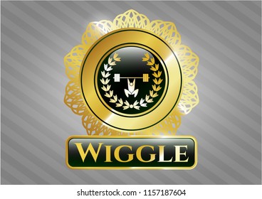  Gold shiny badge with weightlifting inside of crown icon and Wiggle text inside