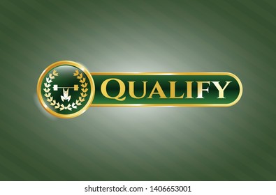  Gold shiny badge with weightlifting inside of crown icon and Qualify text inside