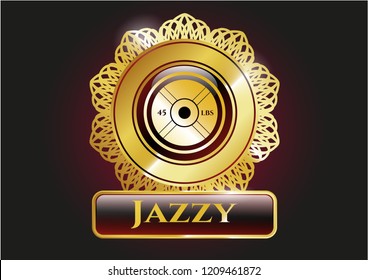  Gold shiny badge with weightlifting or powerlifting plate (45 lbs) icon and Jazzy text inside