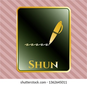 Gold shiny badge with writer icon and Shun text inside