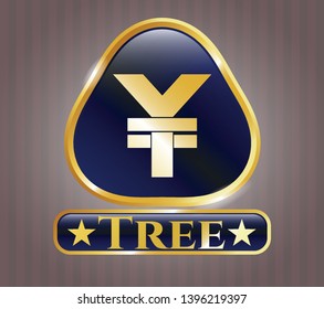  Gold shiny badge with yuan icon and Tree text inside