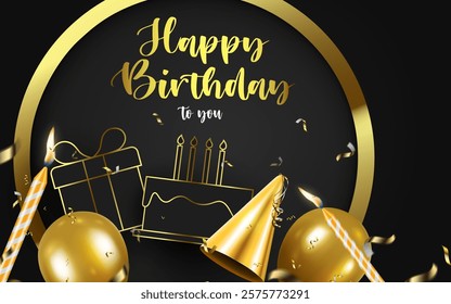 gold shiny balloons, birthday candles, party hat and paper cut cake and gift box flying on the black background.happy birthday celebration background and greeting card vector illustration.