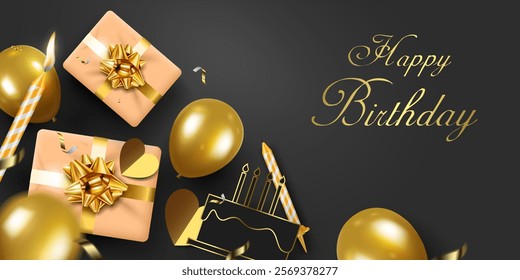 gold shiny balloons,gift boxes,birthday candles on the dark background top view. happy birthday celebration greeting card and invitation banner vector illustration.	