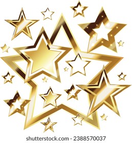 Gold shiny beautiful five pointed stars. Beautiful abstract holiday design