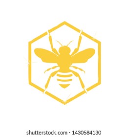 Gold shiny Bee icon inside the hexagon shape vector design illustrator