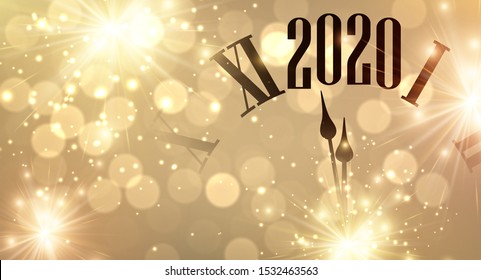 Gold shiny bokeh New Year 2020 card with clock and lights. Vector background.