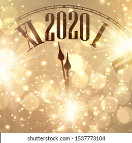 Gold shiny bokeh New Year 2020 card with clock and lights. Vector background.