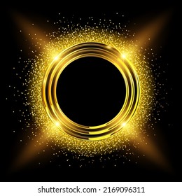 Gold shiny button with glitter on black background, glowing  golden sparkling dust vector illustration.
