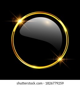 Gold shiny button, metallic golden black 3D vector icon.