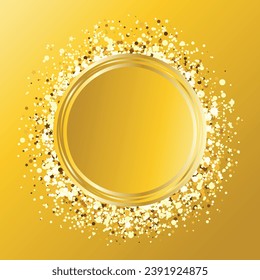 Gold shiny circle with confetti on a golden background vector illustration. Golden round luxury background with copy space for text. Glittering abstract background. Gold gradient festive sparkle