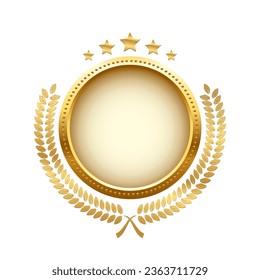 Gold shiny circle medal, laurel wreath with stars vector illustration. Golden shining round badge prize for winner, award trophy nominee luxury symbol, nomination reward emblem on white background.