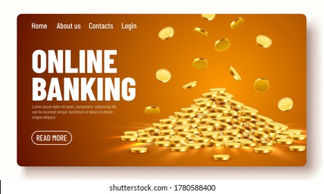 Gold shiny coins. Big bunch of old metal money. Precious expensive treasure. Online banking landing page template or banner. Vector illustration