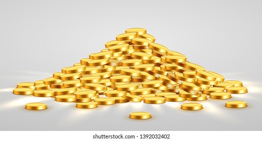 Gold shiny coins with star signs in heap. Big bunch of old metal money. Precious expensive treasure. Vector illustration