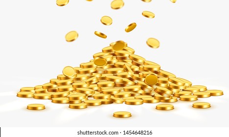 Gold shiny coins with star signs in heap. Big bunch of old metal money. Precious expensive treasure. Vector illustration