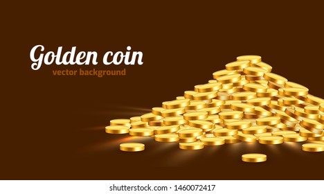 Gold shiny coins with star signs in heap. Big bunch of old metal money. Precious expensive treasure. Vector illustration