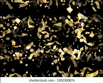 Gold shiny confetti flying on black holiday vector graphic design. Glamourous flying sparkle elements, gold foil gradient serpentine streamers confetti falling festive background.