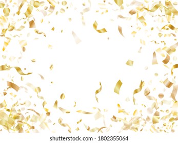 Gold shiny confetti flying on white holiday vector backdrop. Trendy flying tinsel elements, gold foil gradient serpentine streamers confetti falling party background.