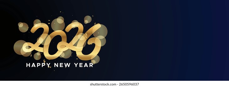 Gold Shiny Confetti Style 2026 New Year Banner on Dark Background with Elegant Script