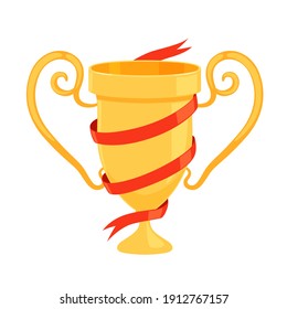 Gold shiny cup with a red ribbon as a reward for winning sports competitions or competitions