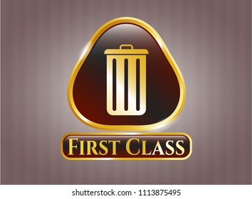   Gold shiny emb Gold emblem with trash can icon and First Class text insidelem with trash can icon and First Class text inside