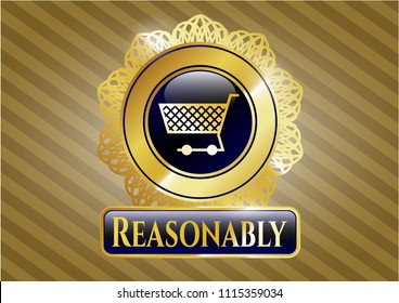  Gold shiny embl Shiny badge with shopping cart icon and Reasonably text insideem with shopping cart icon and Reasonably text inside