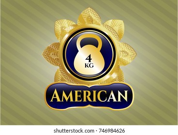  Gold shiny emblem with 4kg kettlebell icon and American text inside
