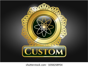  Gold shiny emblem with atom icon and Custom text inside
