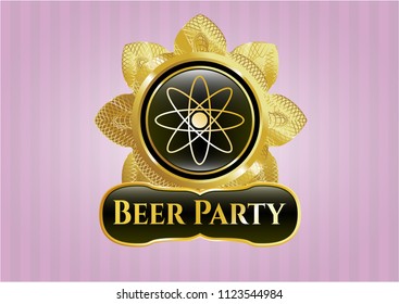  Gold shiny emblem with atom icon and Beer Party text inside