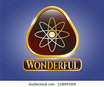  Gold shiny emblem with atom icon and Wonderful text inside