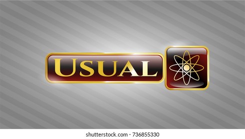  Gold shiny emblem with atom icon and Usual text inside