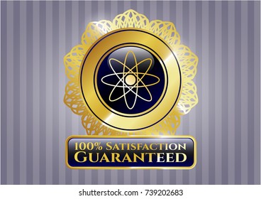  Gold shiny emblem with atom icon and 100% Satisfaction Guaranteed text inside