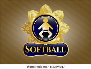  Gold shiny emblem with baby icon and Softball text inside