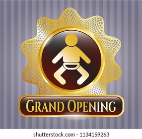  Gold shiny emblem with baby icon and Grand Opening text inside
