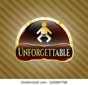  Gold shiny emblem with baby icon and Unforgettable text inside